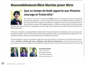 Expression des élus du groupe Rassemblement Bleu Marine Pour Metz dans le magazine Metz Mag (Vivre à Metz) de décembre 2014