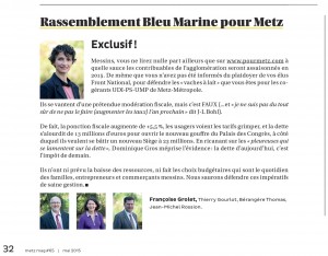 Expression des élus du groupe Rassemblement Bleu Marine Pour Metz dans le magazine Metz Mag (Vivre à Metz) de mai 2015
