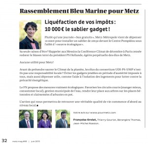 Expression des élus du groupe Rassemblement Bleu Marine Pour Metz dans le magazine Metz Mag (Vivre à Metz) de juin 2015