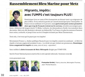 Expression des élus du groupe Rassemblement Bleu Marine Pour Metz dans le magazine Metz Mag (Vivre à Metz) de novembre 2015