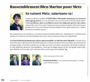 Expression des élus du groupe Rassemblement Bleu Marine Pour Metz dans le magazine Metz Mag (Vivre à Metz) de mars-avril 2016